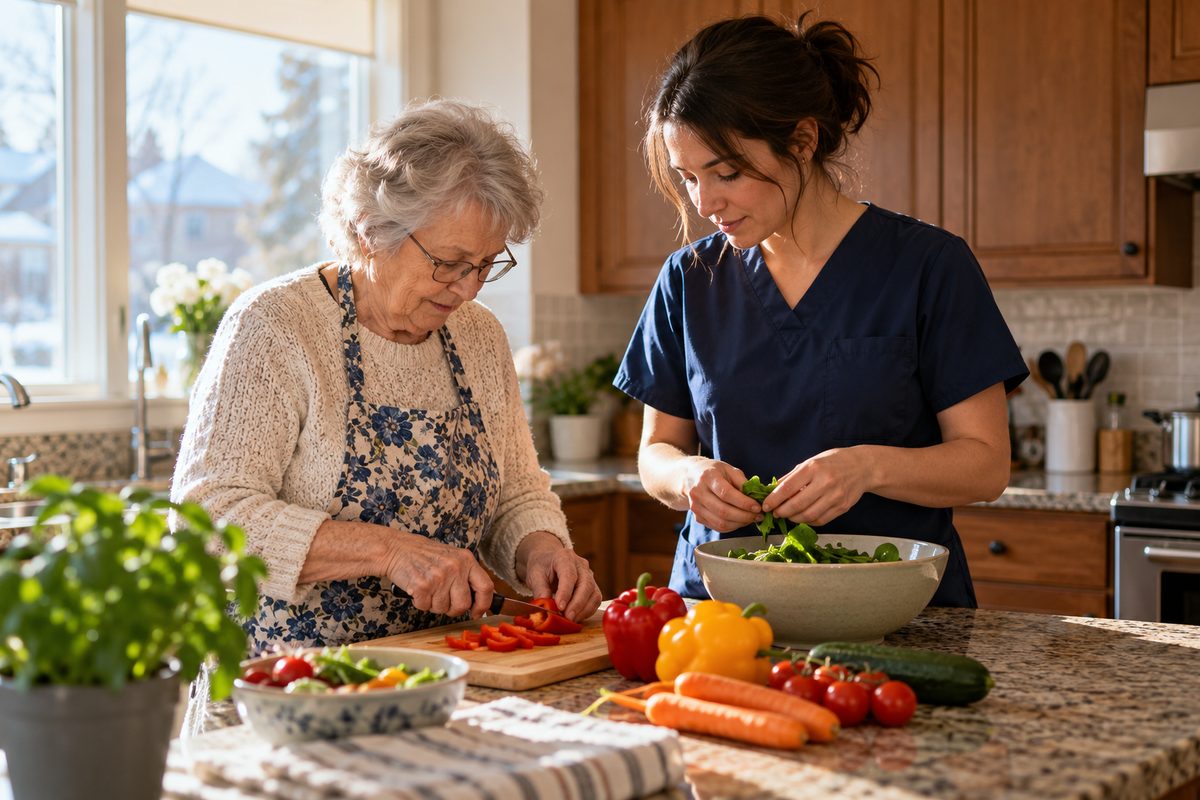 Caregiver and older adult preparing fresh ingredients in a bright home kitchen in South Aurora.
