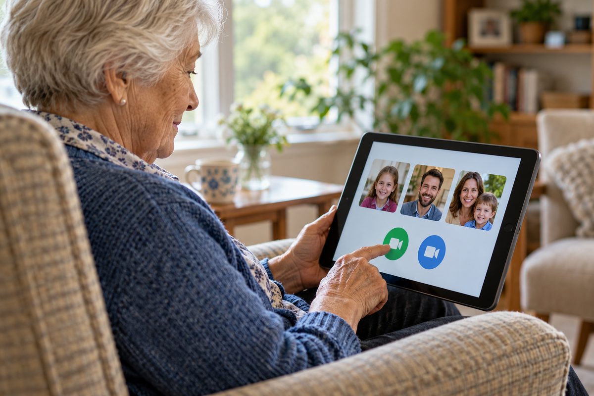 Older adult interacting with the Homewatch Connect touchscreen system at home.
