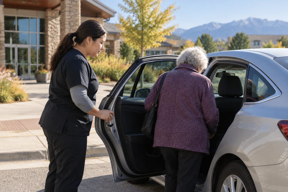Caregiver assisting an older adult into a vehicle for an Aurora outing.
