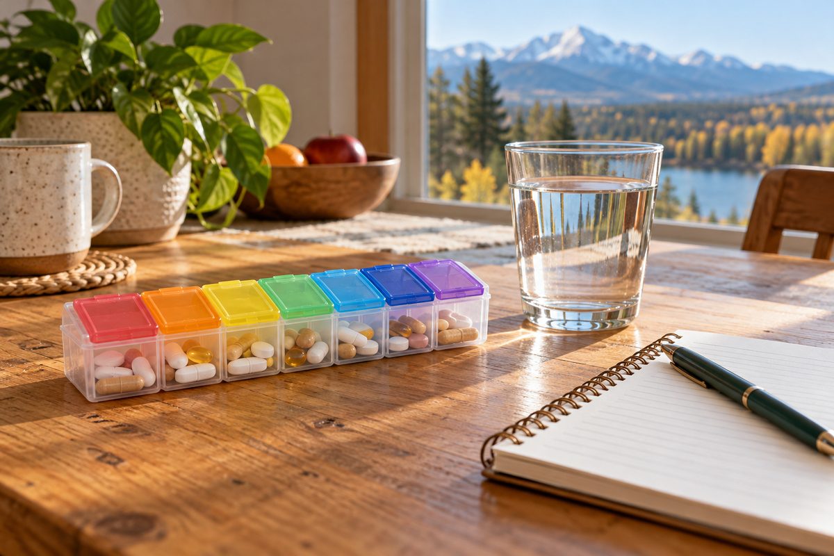 Weekly medication reminder organizer and fresh water glass on a South Aurora dining table.