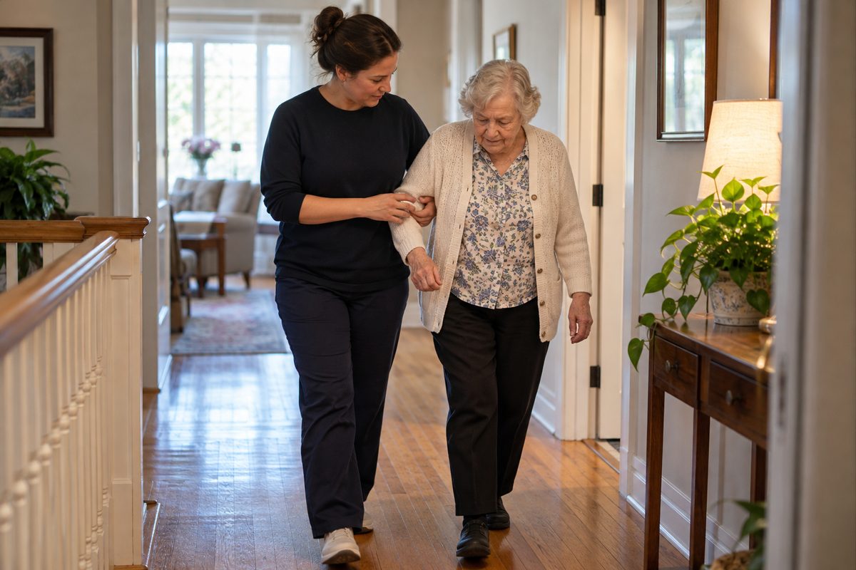 Caregiver assisting an older adult walking safely through an Aurora home.