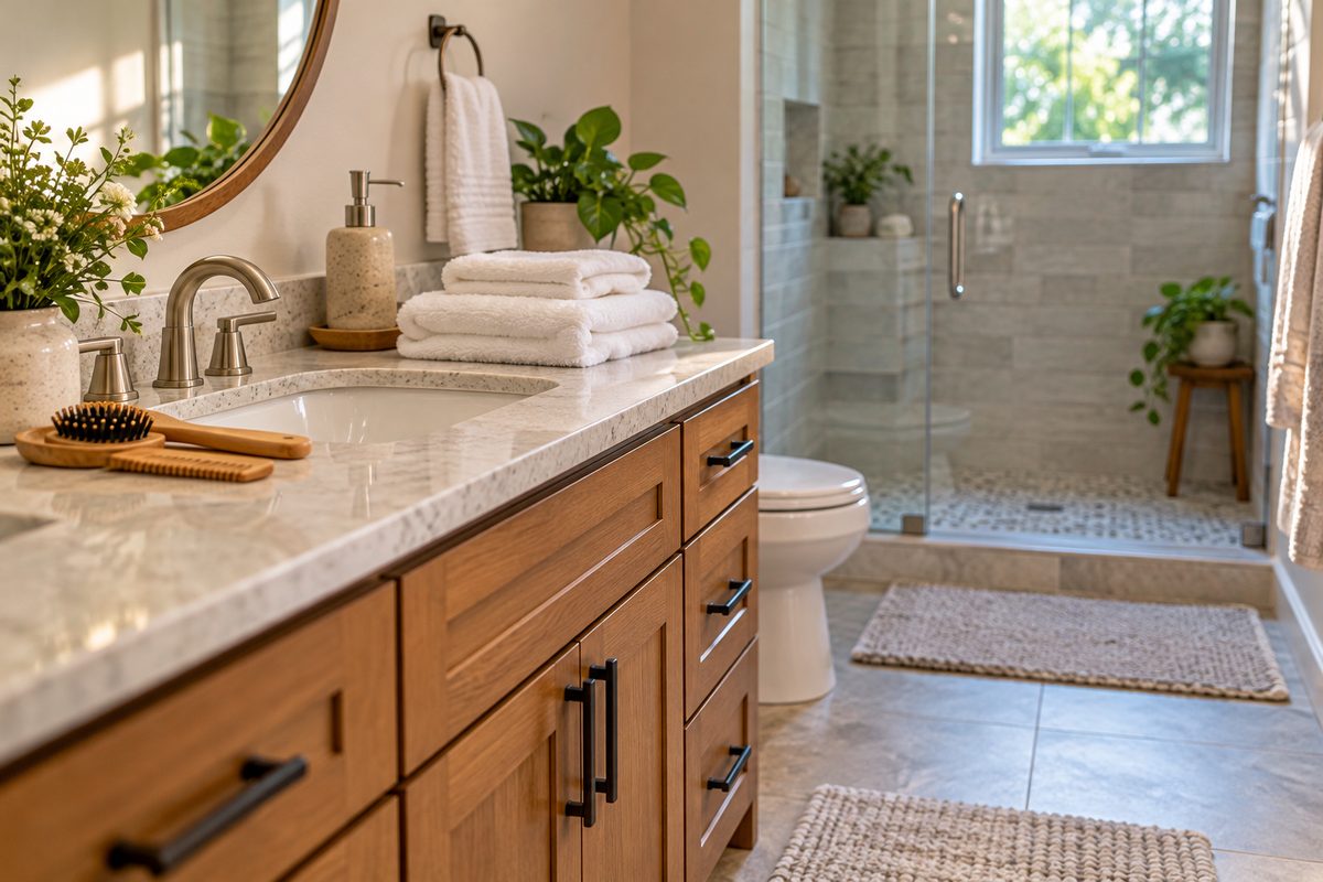 Clean bathroom vanity prepared for daily personal care and hygiene assistance.